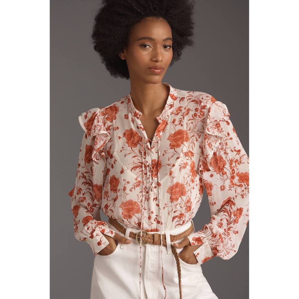 Maeve Long-Sleeve Ruffled Sheer Blouse XL NWT